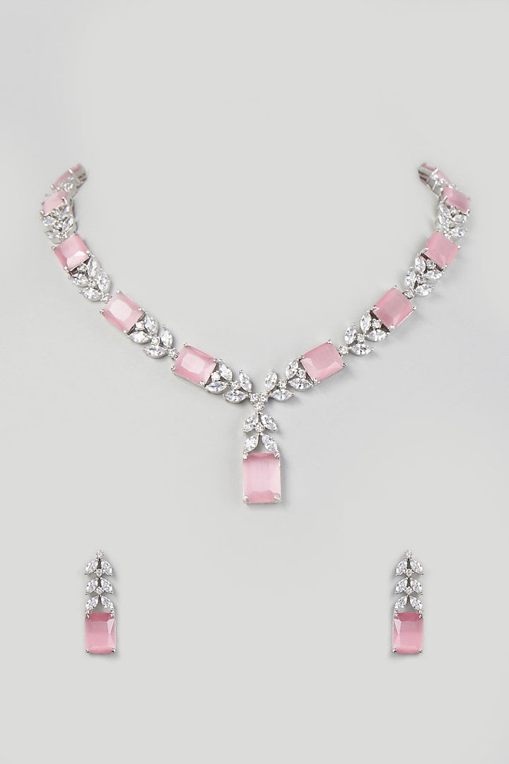 White Finish Pink Quartz Necklace Set by Prihan Luxury Jewelry at Pernia's Pop Up Shop