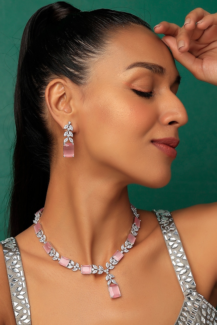 White Finish Pink Quartz Necklace Set by Prihan Luxury Jewelry
