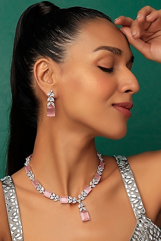 White Finish Pink Quartz Necklace Set by Prihan Luxury Jewelry