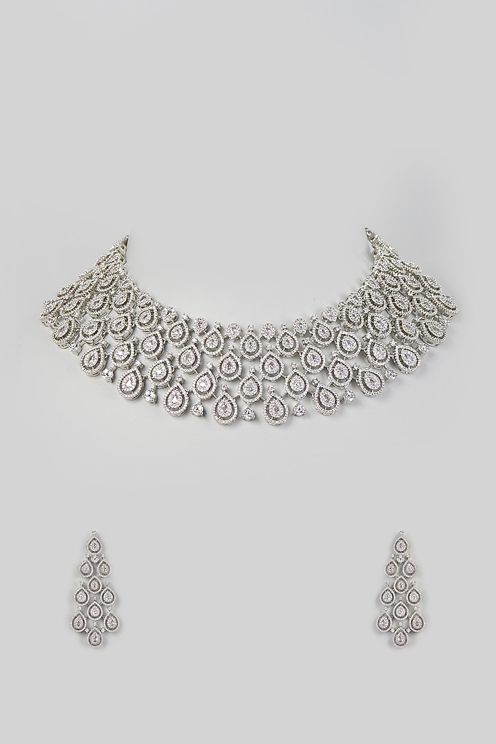 White Finish Necklace Set With Faux Diamonds by Prihan Luxury Jewelry at Pernia's Pop Up Shop