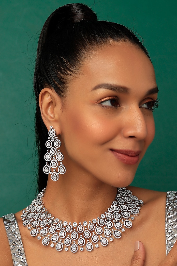 White Finish Necklace Set With Faux Diamonds by Prihan Luxury Jewelry at Pernia's Pop Up Shop
