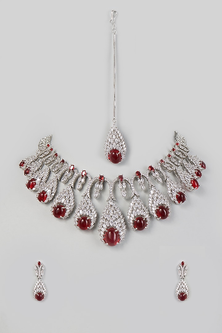 White Finish Necklace Set With Ruby Stones by Prihan Luxury Jewelry at Pernia's Pop Up Shop