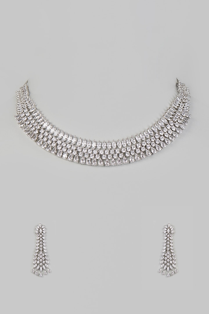 White Finish Necklace Set With Faux Diamonds by Prihan Luxury Jewelry at Pernia's Pop Up Shop