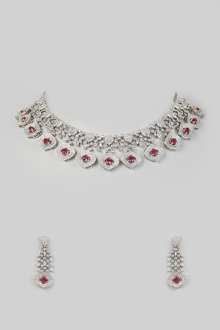 White Finish Necklace Set With Ruby Stones by Prihan Luxury Jewelry at Pernia's Pop Up Shop