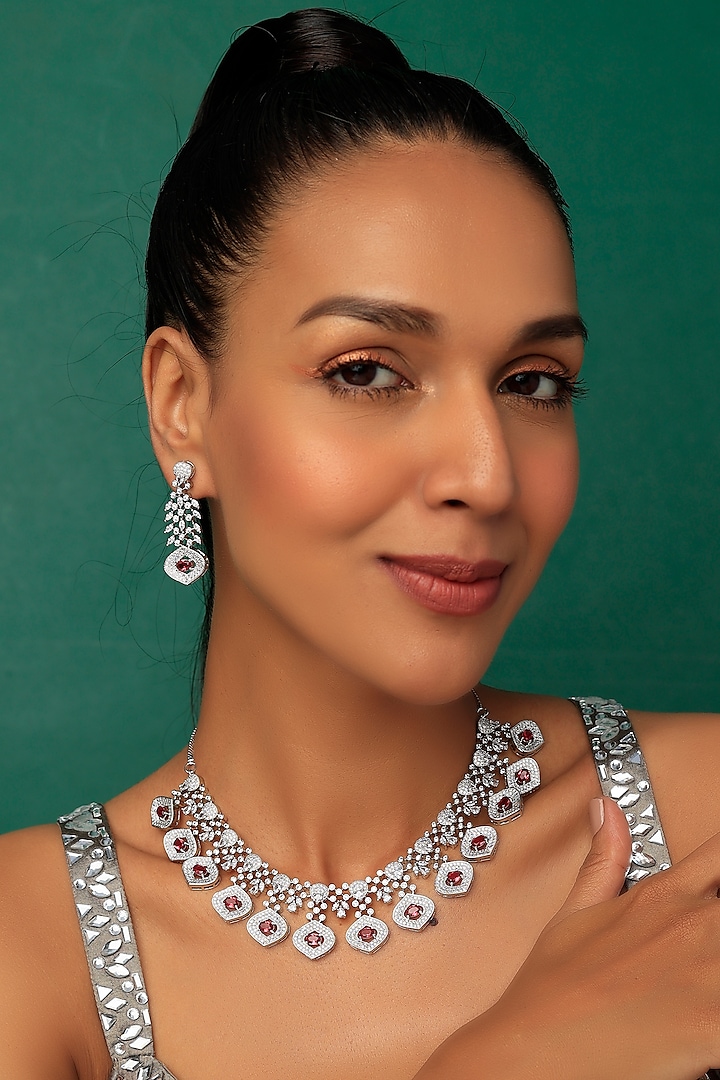 White Finish Necklace Set With Ruby Stones by Prihan Luxury Jewelry at Pernia's Pop Up Shop