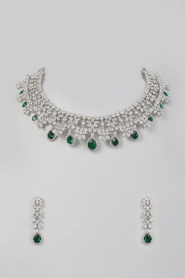 White Finish Necklace Set With Emerald Stones by Prihan Luxury Jewelry at Pernia's Pop Up Shop