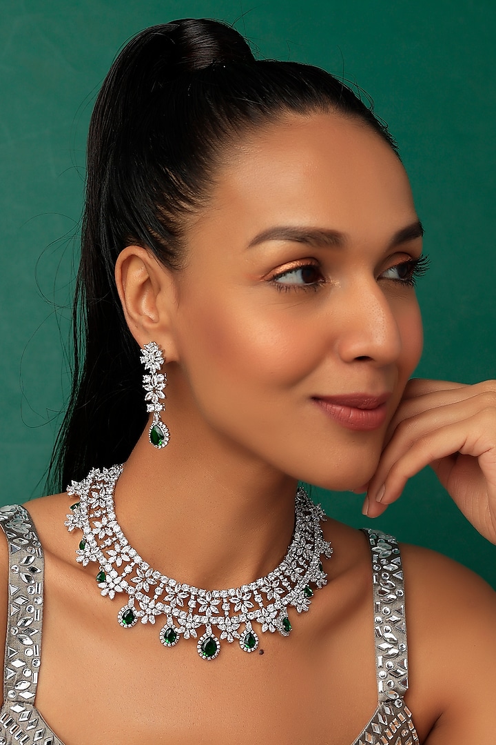 White Finish Necklace Set With Emerald Stones by Prihan Luxury Jewelry at Pernia's Pop Up Shop