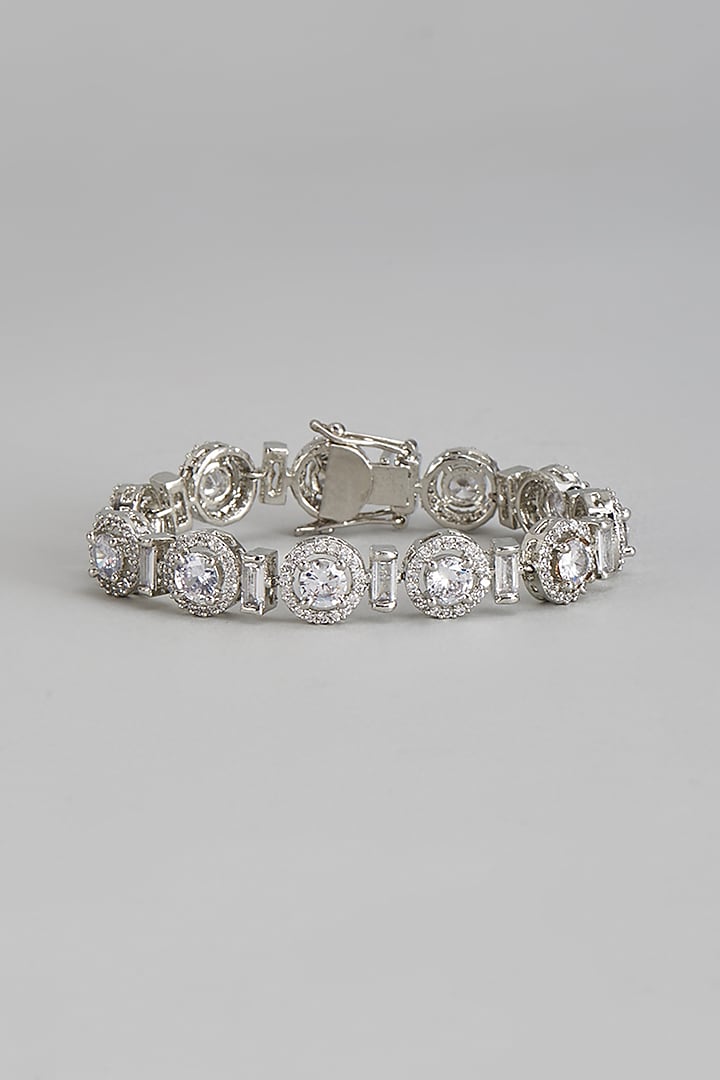 White Rhodium Finish Zircon & Baguette Bracelet by Prihan Luxury Jewelry at Pernia's Pop Up Shop