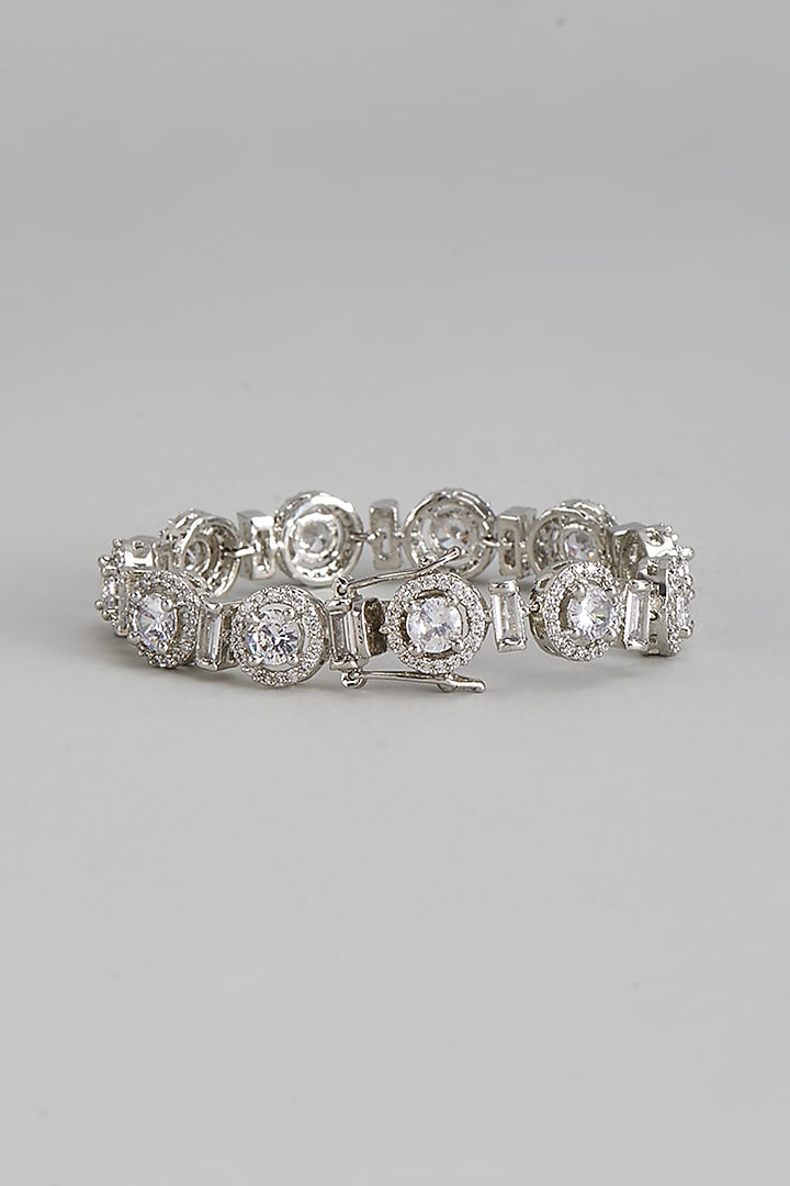 White Rhodium Finish Zircon & Baguette Bracelet by Prihan Luxury Jewelry at Pernia's Pop Up Shop