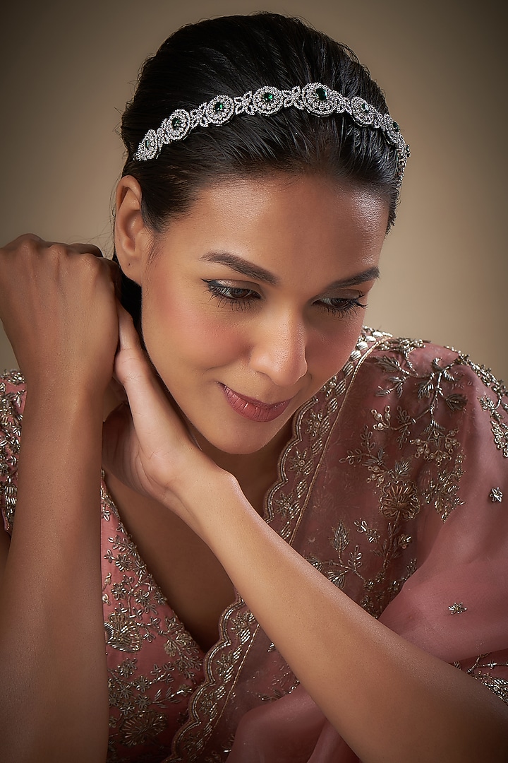 White Rhodium Finish Zircon & Emerald Mathapatti by Prihan Luxury Jewelry at Pernia's Pop Up Shop