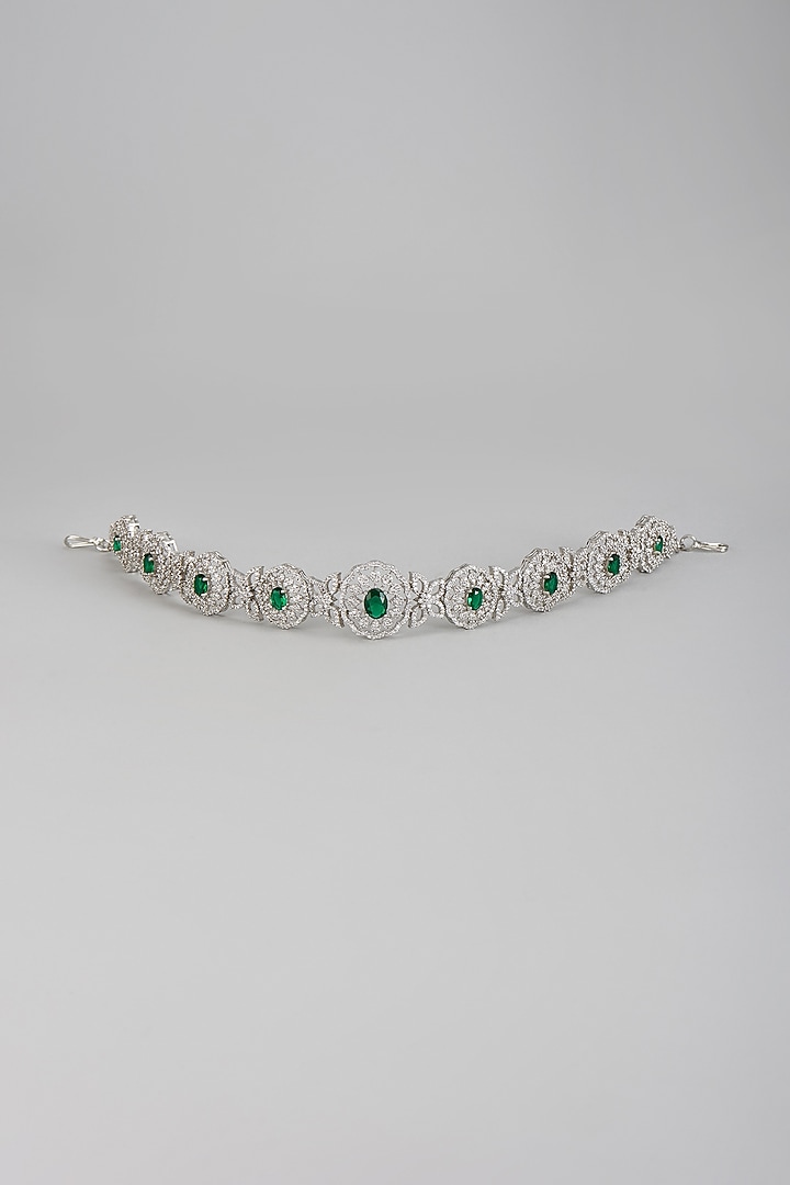 White Rhodium Finish Zircon & Emerald Mathapatti by Prihan Luxury Jewelry at Pernia's Pop Up Shop
