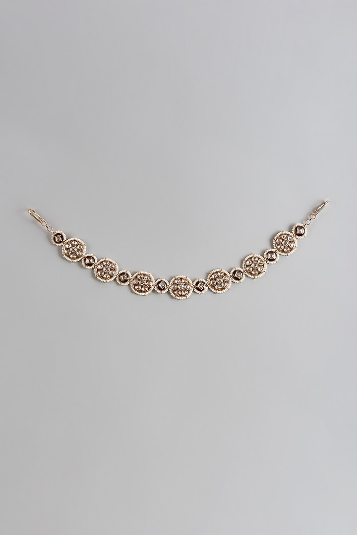 Gold Finish Kundan Polki & Pearl Meenakari Mathapatti by Prihan Luxury Jewelry at Pernia's Pop Up Shop