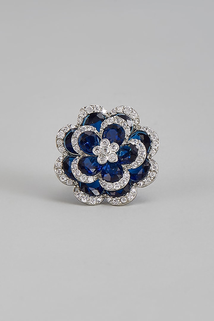 White Rhodium Finish Zircon & Sapphire 3D Floral Ring by Prihan Luxury Jewelry at Pernia's Pop Up Shop