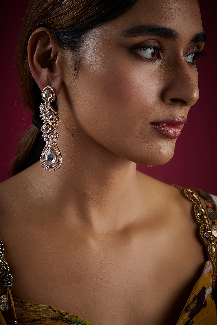 Gold Finish Kundan Polki & Zircon Dangler Earrings by Prihan Luxury Jewelry at Pernia's Pop Up Shop