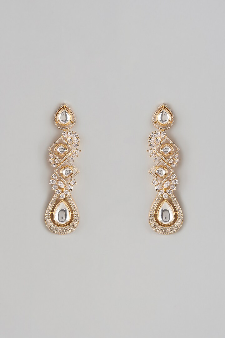 Gold Finish Kundan Polki & Zircon Dangler Earrings by Prihan Luxury Jewelry at Pernia's Pop Up Shop