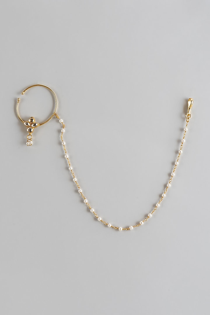 Gold Finish Kundan Polki & Pearl Nose Ring by Prihan Luxury Jewelry at Pernia's Pop Up Shop