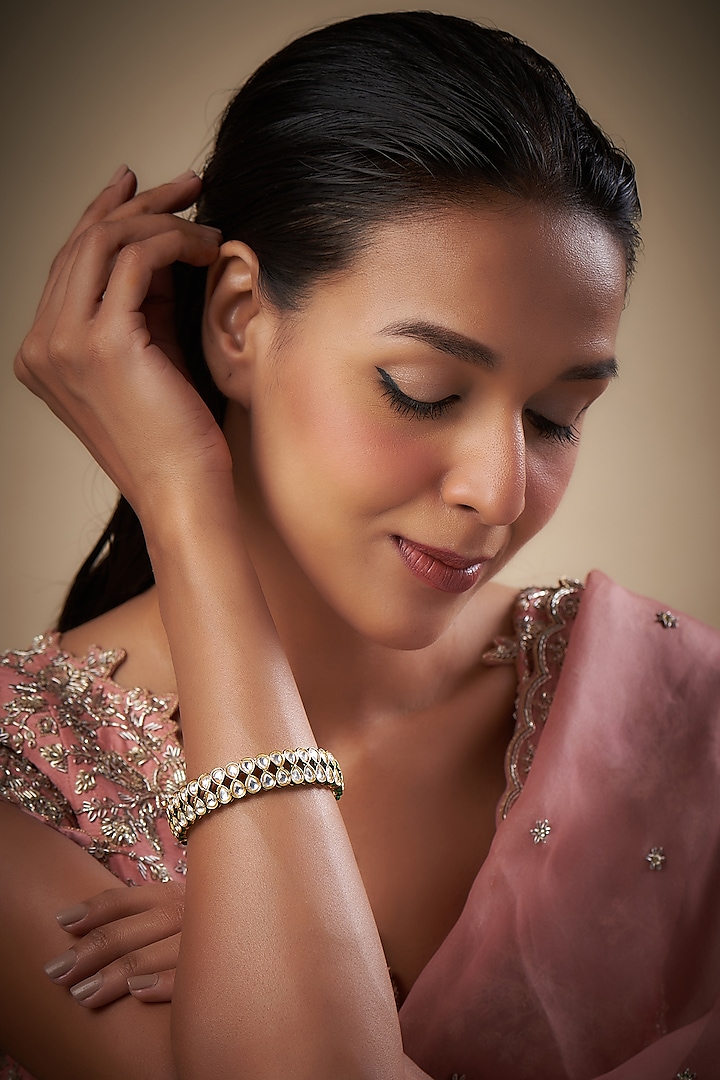Gold Finish Kundan Polki Green Meenakari Bangle by Prihan Luxury Jewelry at Pernia's Pop Up Shop