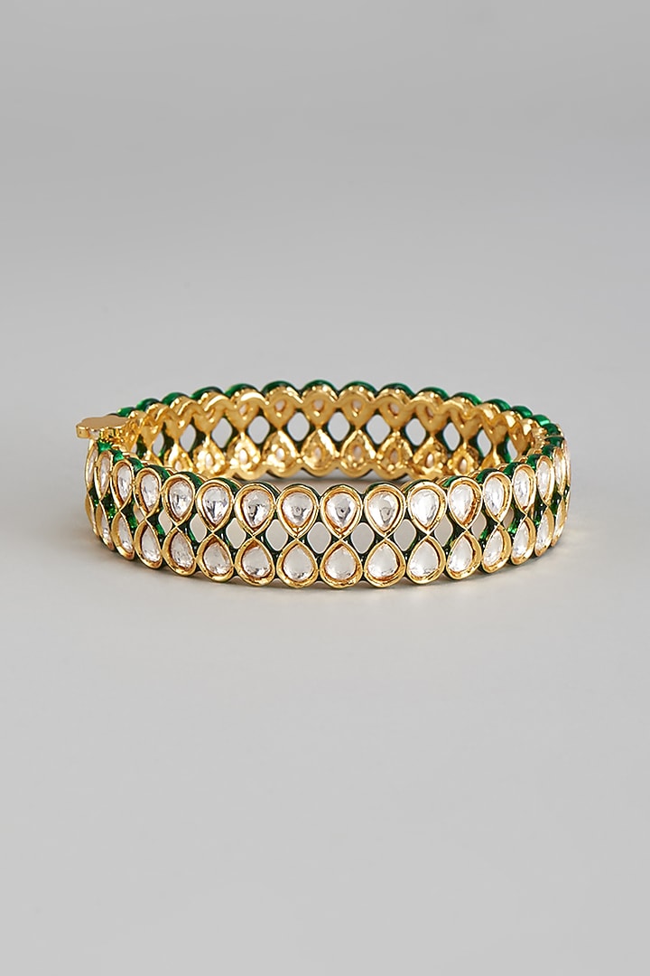 Gold Finish Kundan Polki Green Meenakari Bangle by Prihan Luxury Jewelry at Pernia's Pop Up Shop