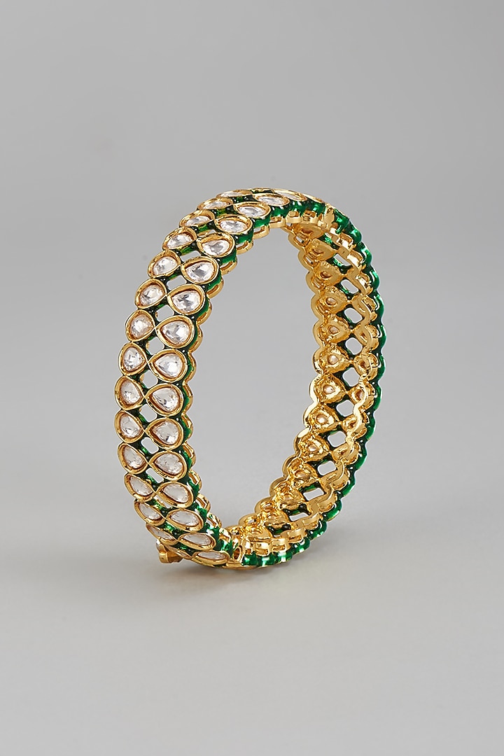 Gold Finish Kundan Polki Green Meenakari Bangle by Prihan Luxury Jewelry at Pernia's Pop Up Shop