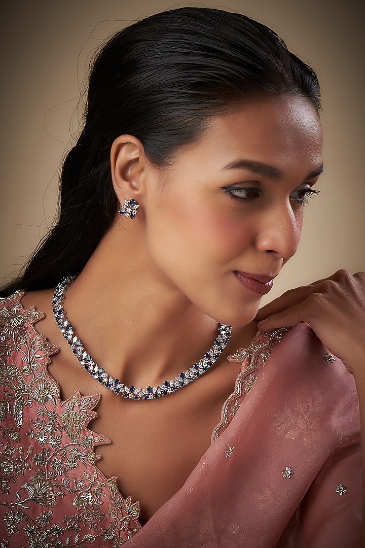 White Rhodium Finish Zircon & Sapphire Necklace Set by Prihan Luxury Jewelry at Pernia's Pop Up Shop