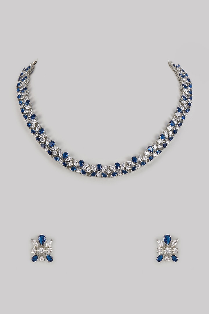 White Rhodium Finish Zircon & Sapphire Necklace Set by Prihan Luxury Jewelry at Pernia's Pop Up Shop