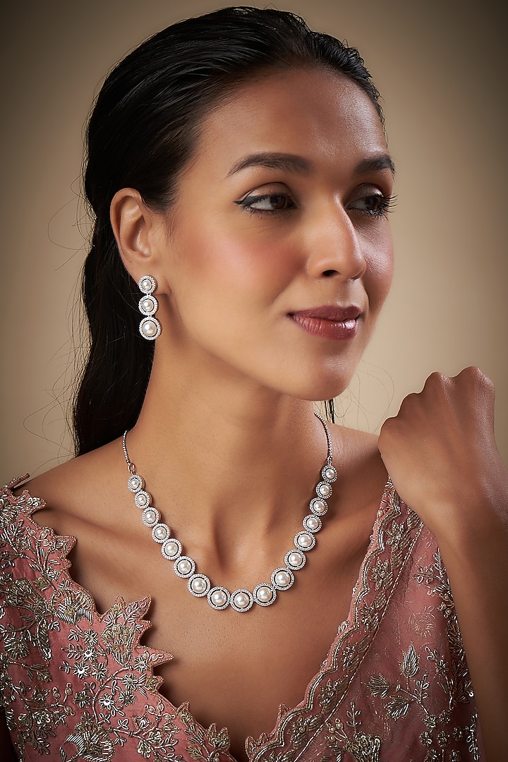 White Rhodium Finish Zircon & Pearl Necklace Set by Prihan Luxury Jewelry