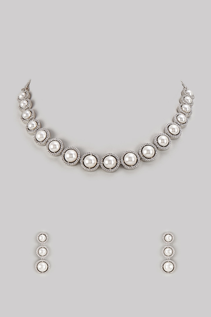White Rhodium Finish Zircon & Pearl Necklace Set by Prihan Luxury Jewelry at Pernia's Pop Up Shop