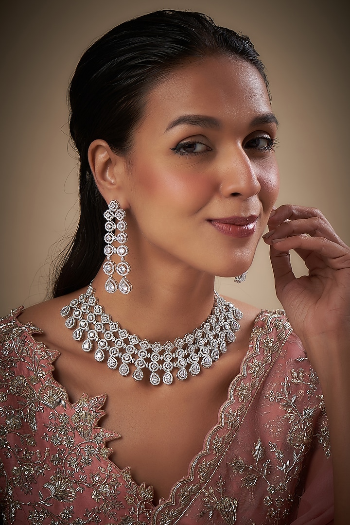 White Rhodium Finish Zircon Layered Necklace Set by Prihan Luxury Jewelry at Pernia's Pop Up Shop