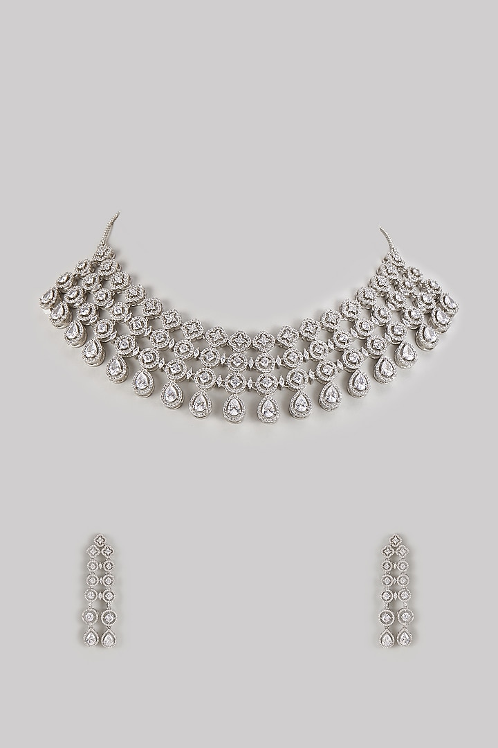 White Rhodium Finish Zircon Layered Necklace Set by Prihan Luxury Jewelry at Pernia's Pop Up Shop