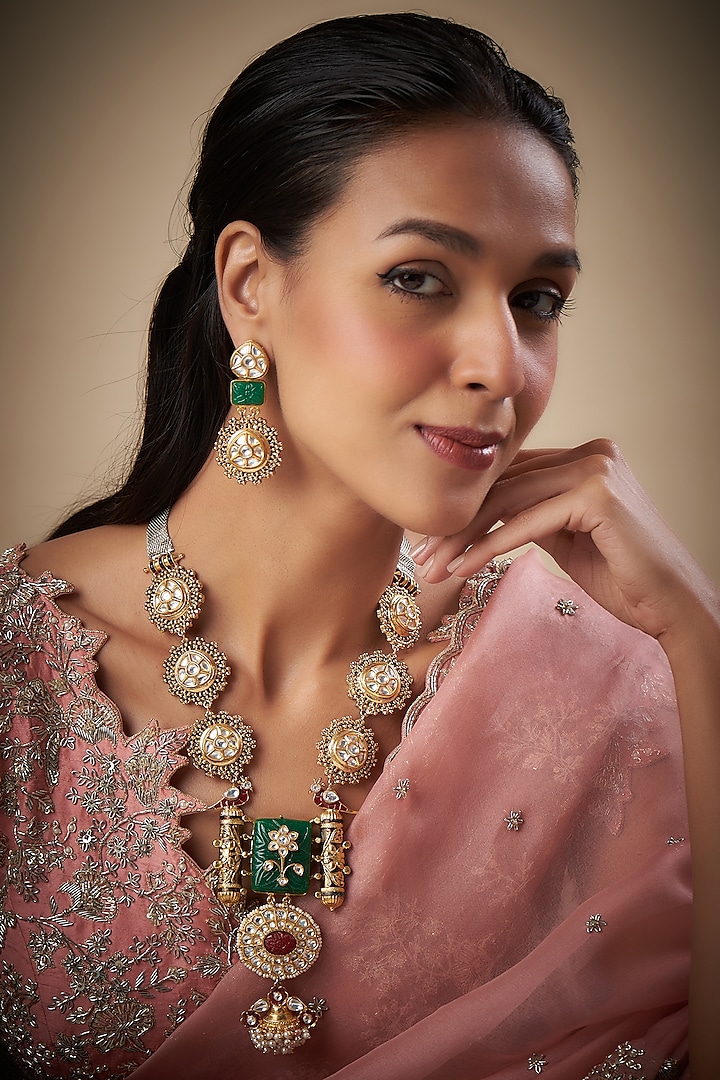 Gold Finish Emerald & Ruby Long Necklace Set by Prihan Luxury Jewelry