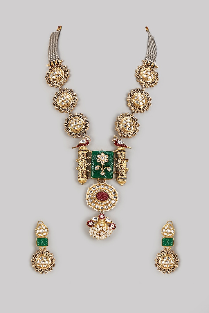 Gold Finish Emerald & Ruby Long Necklace Set by Prihan Luxury Jewelry at Pernia's Pop Up Shop