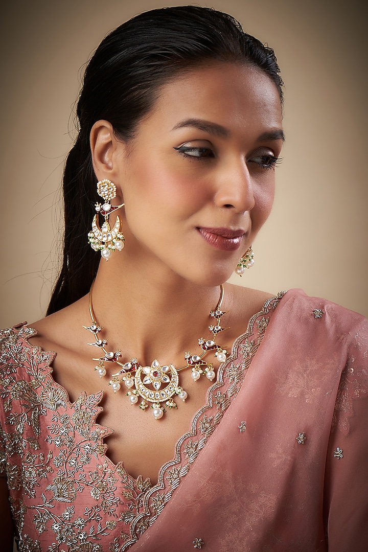 Gold Finish Kundan Polki Meenakari Necklace Set by Prihan Luxury Jewelry at Pernia's Pop Up Shop