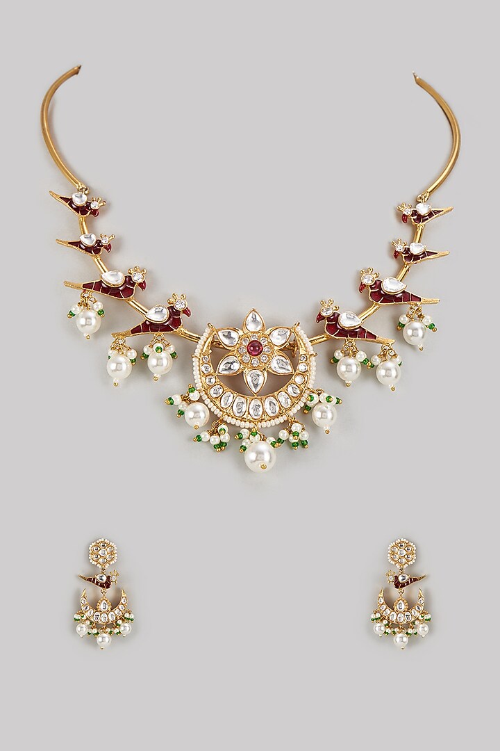 Gold Finish Kundan Polki Meenakari Necklace Set by Prihan Luxury Jewelry at Pernia's Pop Up Shop