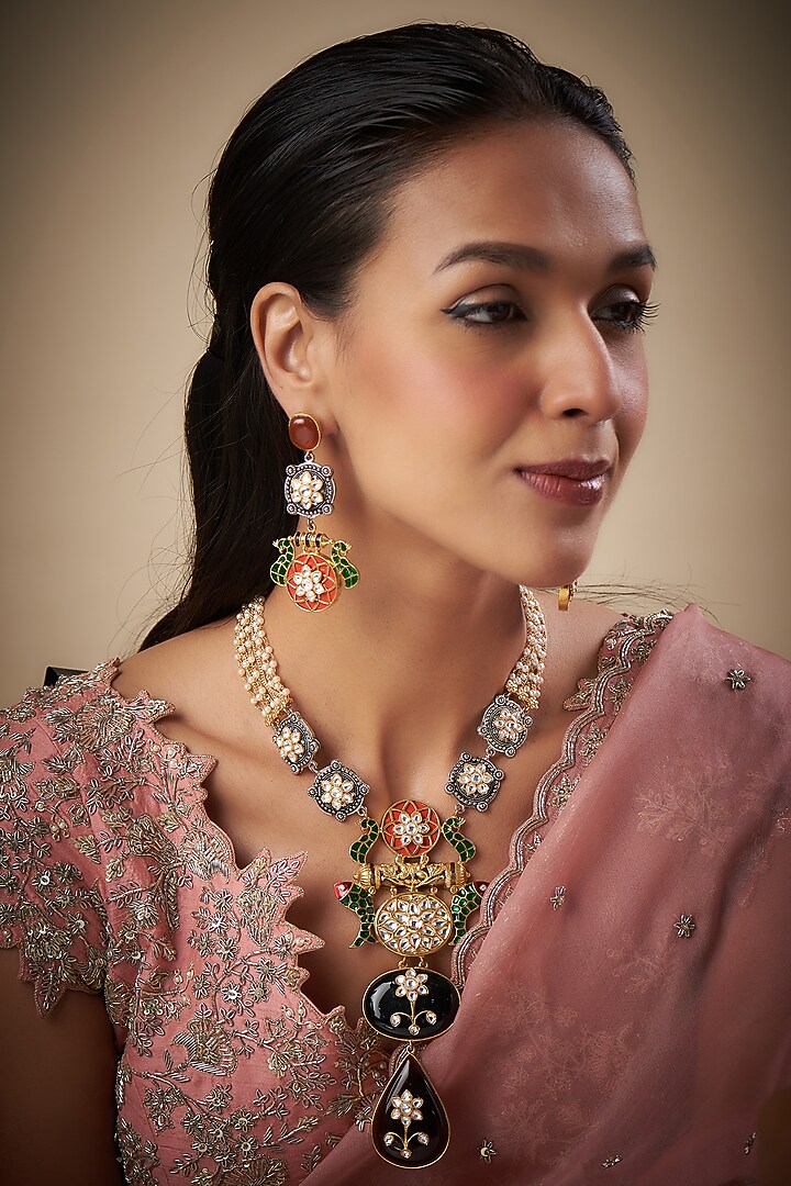 Two Tone Finish Multi-Colored Semi-Precious Stone Long Necklace Set by Prihan Luxury Jewelry at Pernia's Pop Up Shop