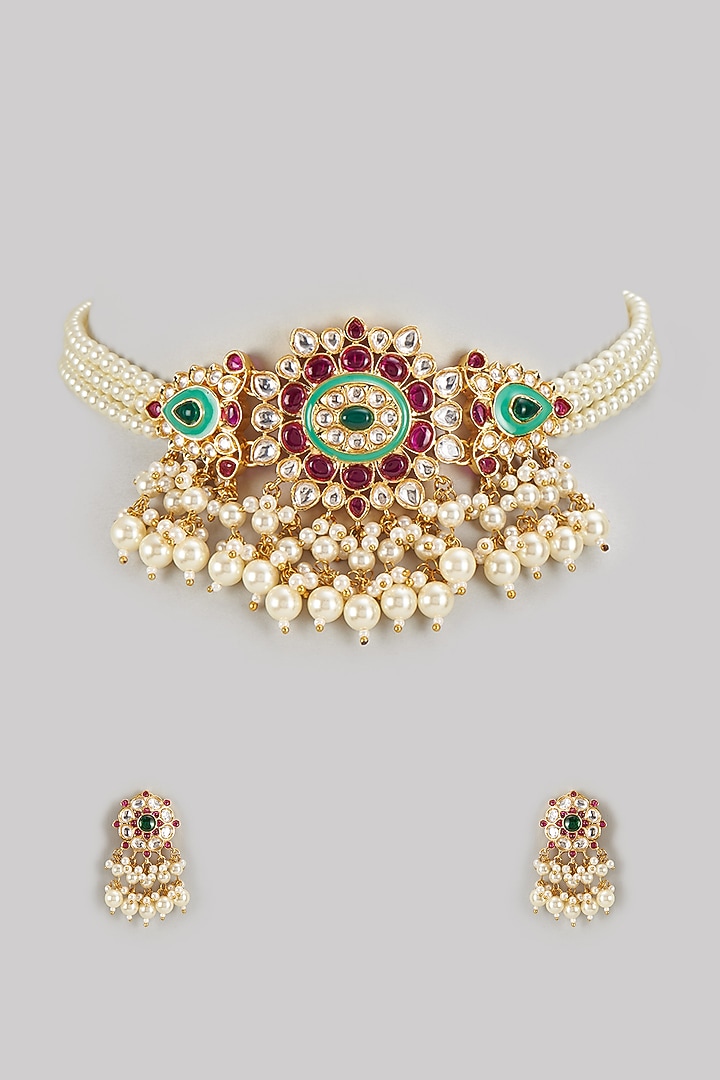 Gold Finish Kundan Polki & Pearl Meenakari Choker Necklace Set by Prihan Luxury Jewelry at Pernia's Pop Up Shop