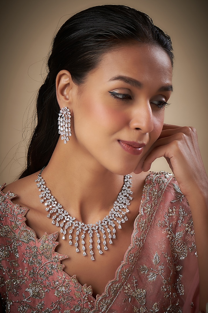 White Finish Zircon Necklace Set by Prihan Luxury Jewelry