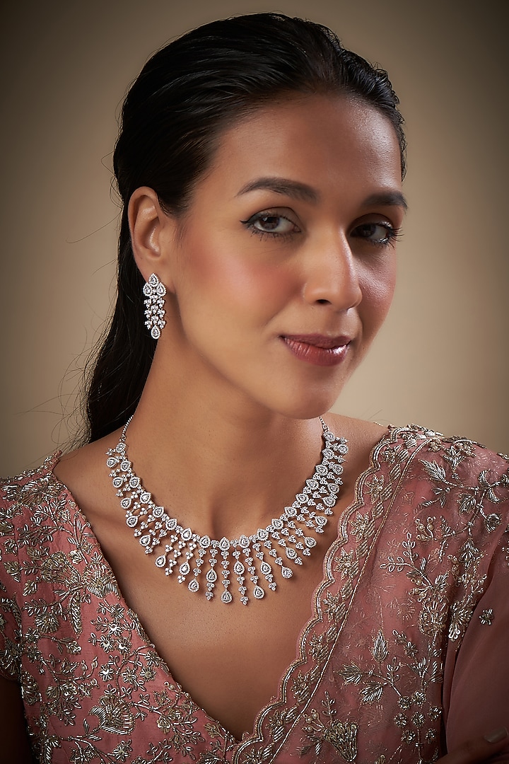 White Finish Zircon Necklace Set by Prihan Luxury Jewelry