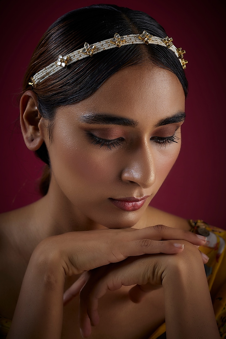 Gold Finish Paachi Kundan & Shell Pearl Mathapatti by Prihan Luxury Jewelry at Pernia's Pop Up Shop