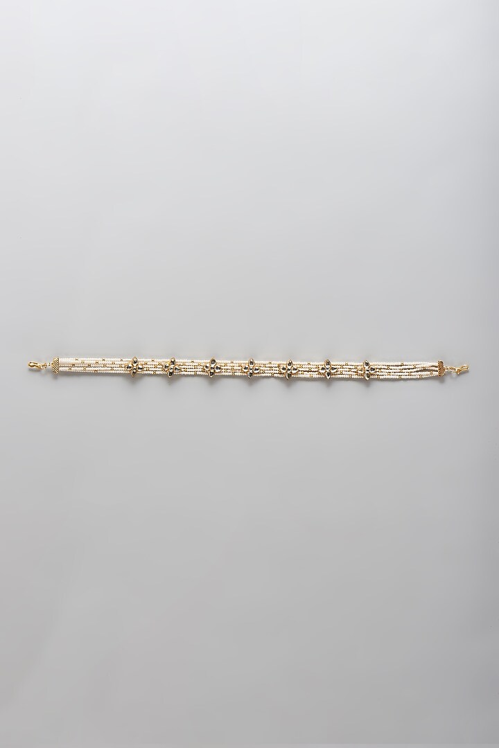 Gold Finish Paachi Kundan & Shell Pearl Mathapatti by Prihan Luxury Jewelry at Pernia's Pop Up Shop