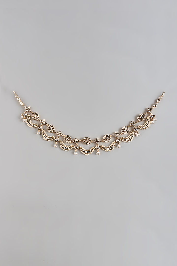 Gold Finish Kundan Polki & Shell Pearl Mathapatti by Prihan Luxury Jewelry at Pernia's Pop Up Shop
