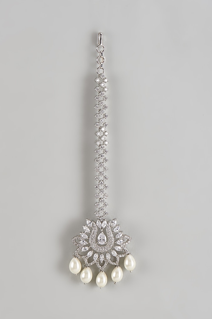 White Finish Shell Pearl Maangtikka by Prihan Luxury Jewelry at Pernia's Pop Up Shop