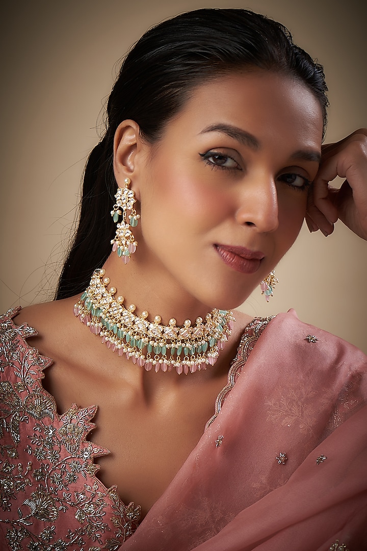 Gold Finish Kundan Polki Choker Necklace Set by Prihan Luxury Jewelry at Pernia's Pop Up Shop