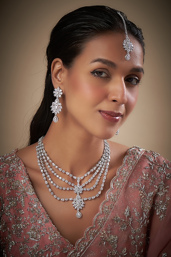 White Finish Zircon Necklace Set by Prihan Luxury Jewelry at Pernia's Pop Up Shop