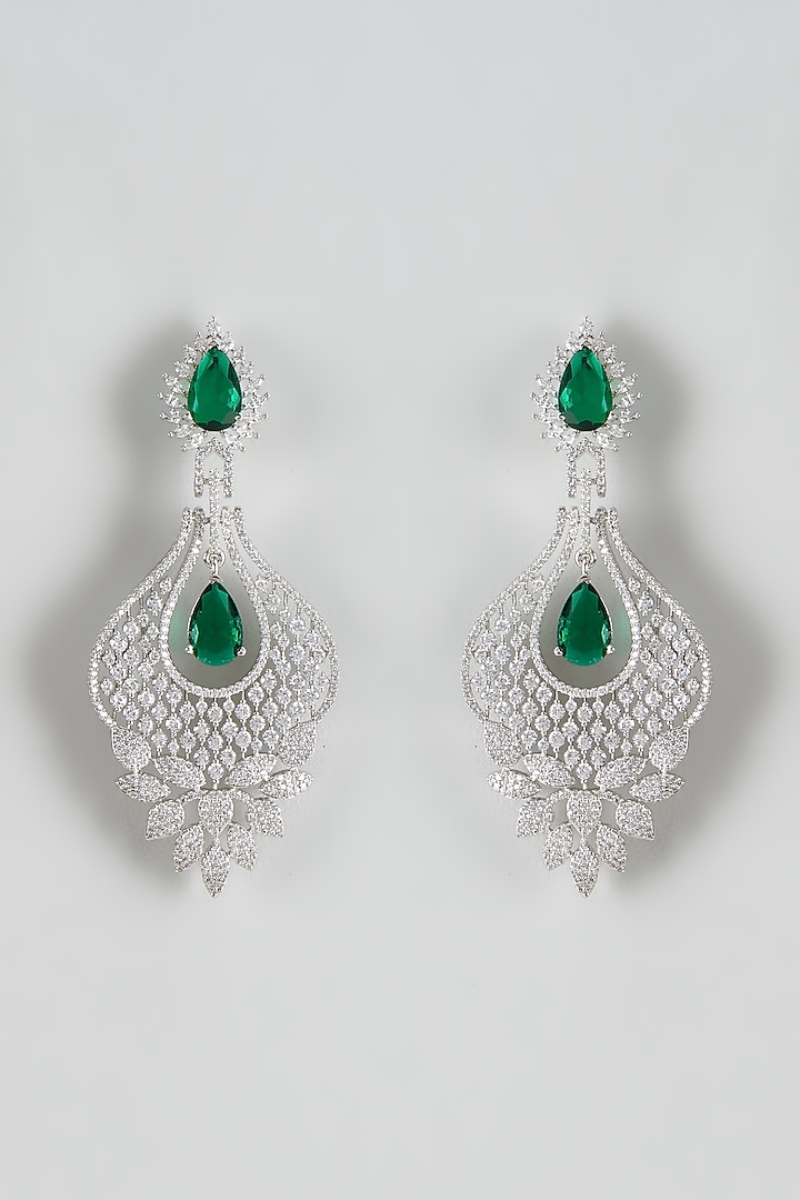 White Finish Zircon & Synthetic Emerald Dangler Earrings by Prihan Luxury Jewelry at Pernia's Pop Up Shop