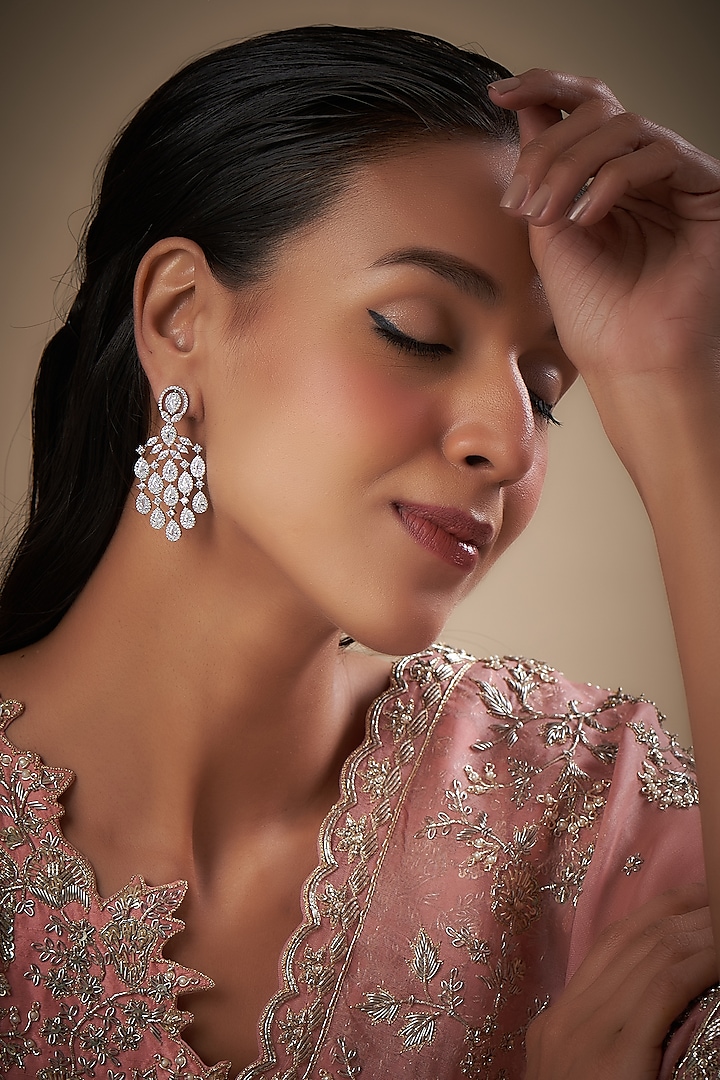 White Finish Zircon Dangler Earrings by Prihan Luxury Jewelry at Pernia's Pop Up Shop