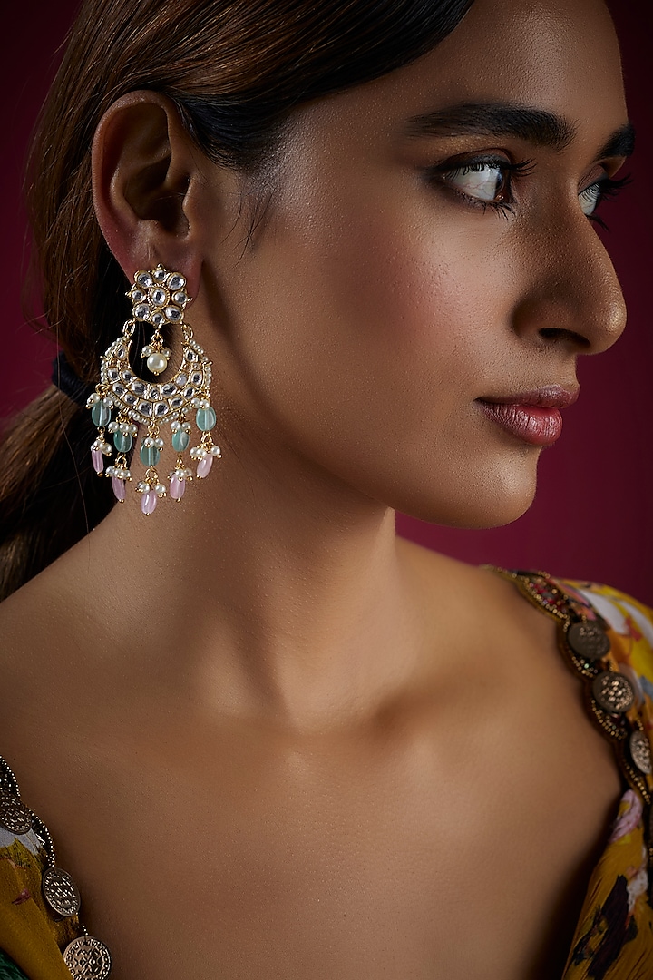 Gold Finish Kundan Polki & Shell Pearl Chandbali Earrings by Prihan Luxury Jewelry at Pernia's Pop Up Shop