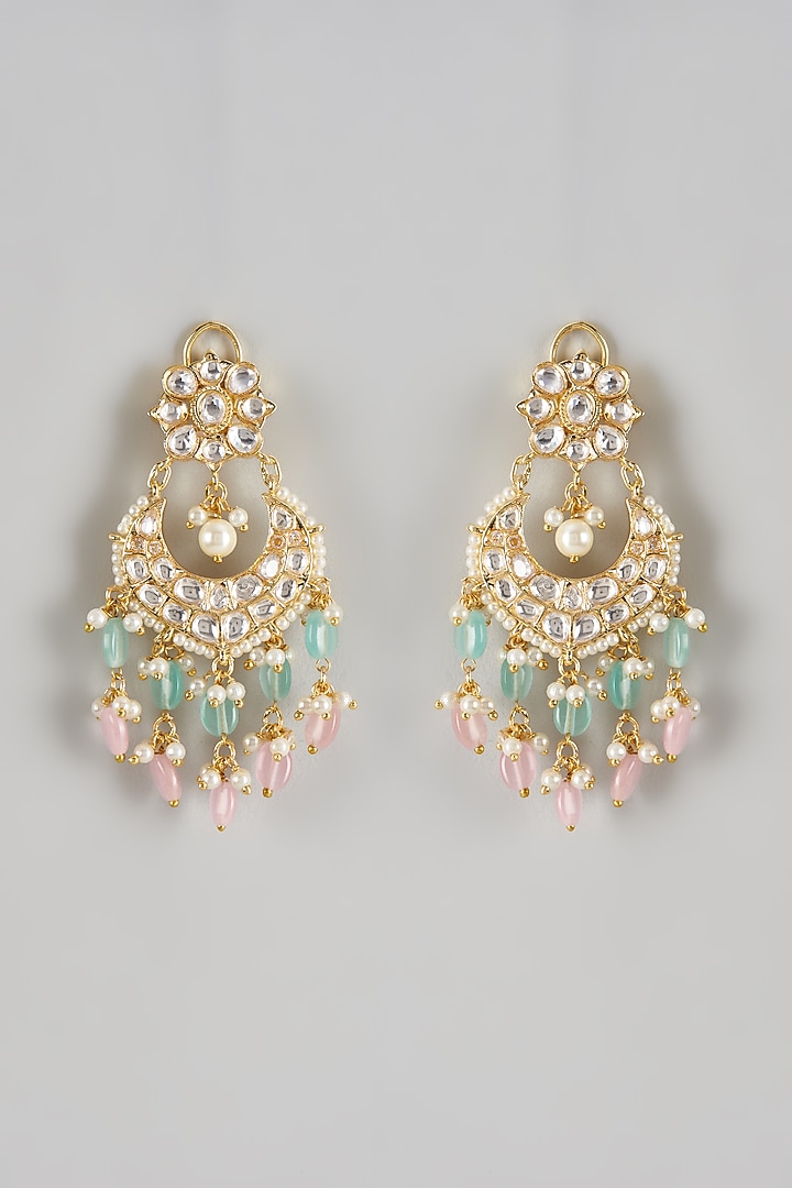 Gold Finish Kundan Polki & Shell Pearl Chandbali Earrings by Prihan Luxury Jewelry at Pernia's Pop Up Shop