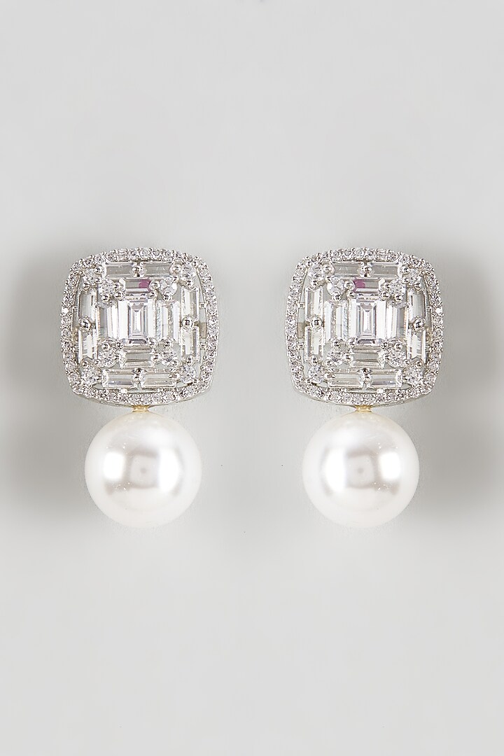 White Finish Zircon & Shell Pearl Dangler Earrings by Prihan Luxury Jewelry at Pernia's Pop Up Shop