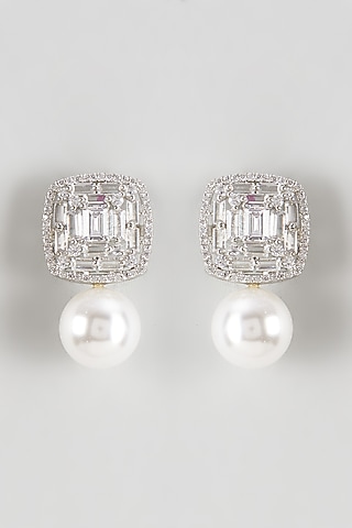 White Finish Zircon & Shell Pearl Dangler Earrings by Prihan Luxury Jewelry
