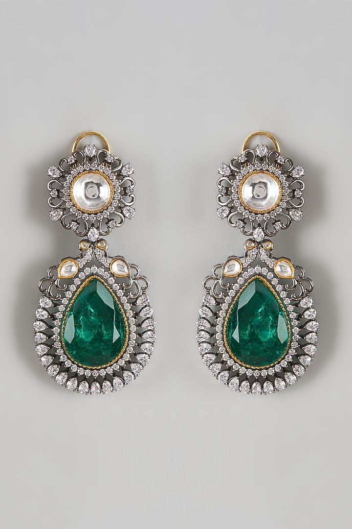 Black Rhodium Finish Synthetic Emerald Dangler Earrings by Prihan Luxury Jewelry at Pernia's Pop Up Shop